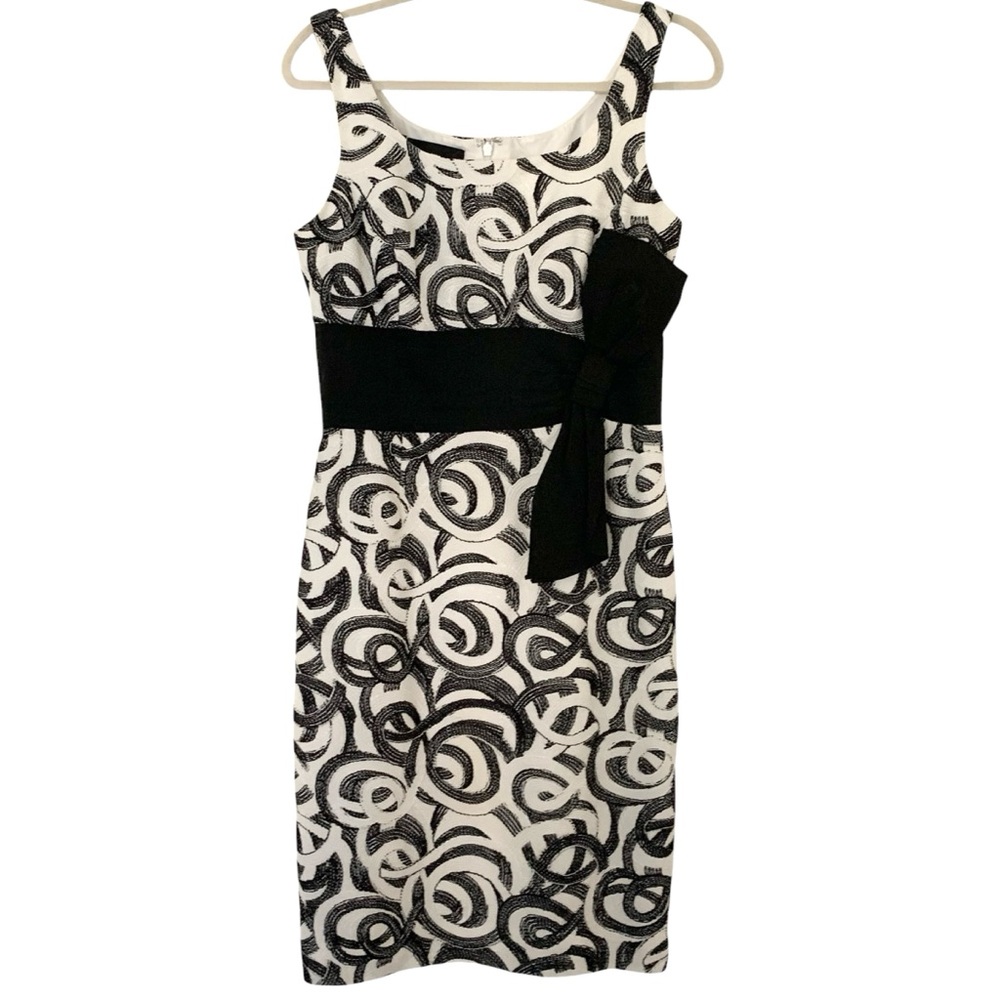 Carlisle Black and White Sleeveless Sheath Dress with Waist Bow